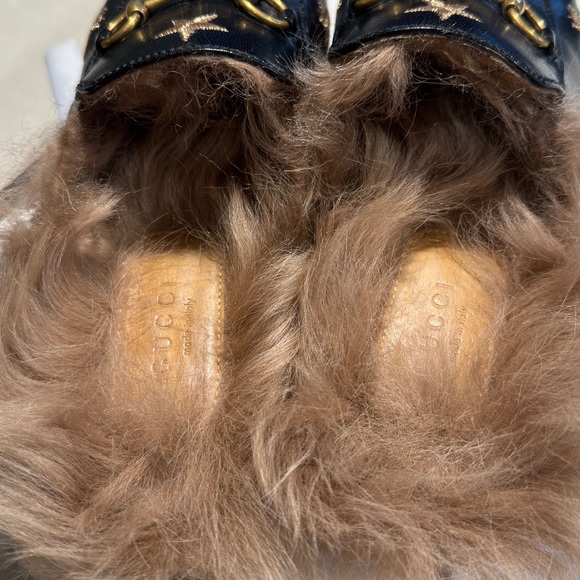 GUCCI Princetown Mule Fur Slippers With Embroidered Bees and Stars Black Leather - Picture 4 of 14